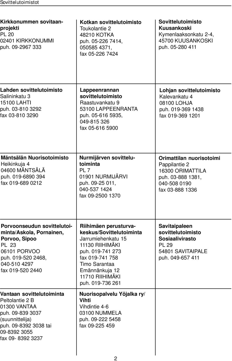 03-810 3292 fax 03-810 3290 Lappeenrannan Raastuvankatu 9 53100 LAPPEENRANTA puh. 05-616 5935, 049-815 326 fax 05-616 5900 Lohjan Kalevankatu 4 08100 LOHJA puh.