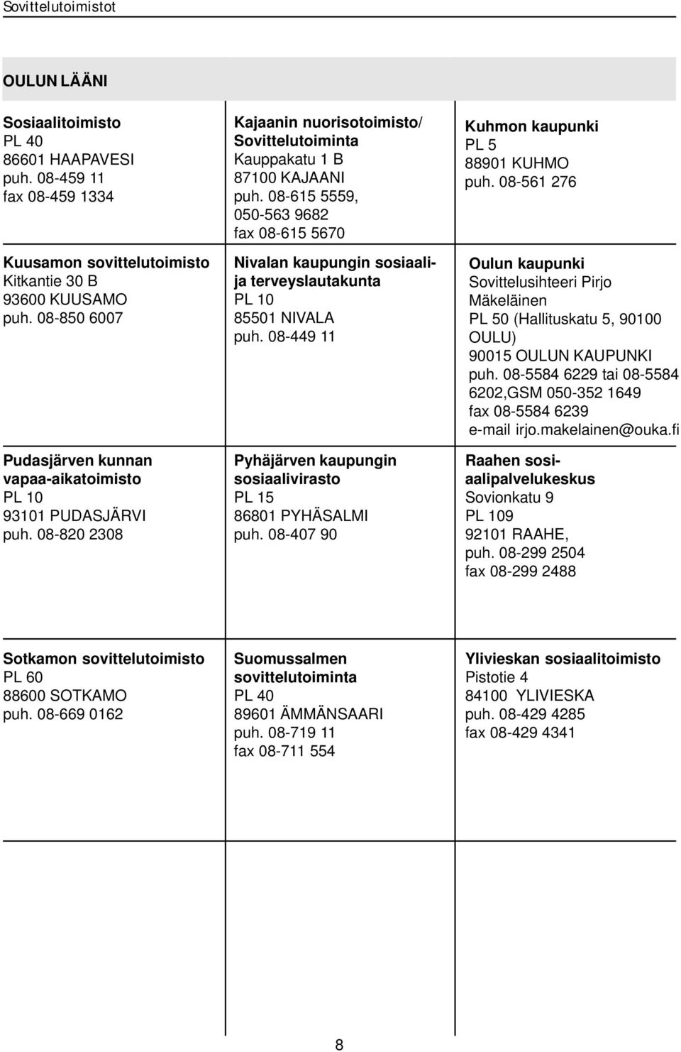 08-615 5559, 050-563 9682 fax 08-615 5670 Nivalan kaupungin sosiaalija terveyslautakunta PL 10 85501 NIVALA puh. 08-449 11 Pyhäjärven kaupungin sosiaalivirasto PL 15 86801 PYHÄSALMI puh.