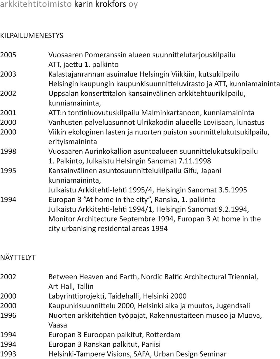 arkkitehtuurikilpailu, kunniamaininta, 2001 ATT:n tontinluovutuskilpailu Malminkartanoon, kunniamaininta 2000 Vanhusten palveluasunnot Ulrikakodin alueelle Loviisaan, lunastus 2000 Viikin ekologinen