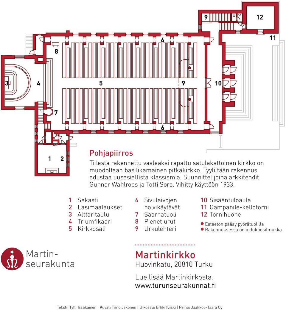 1 Sakasti 2 Lasimaalaukset 3 Alttaritaulu 4 Triumfikaari 5 Kirkkosali 6 Sivulaivojen holvikäytävät 7 Saarnatuoli 8 Pienet urut 9 Urkulehteri 10 Sisääntuloaula 11