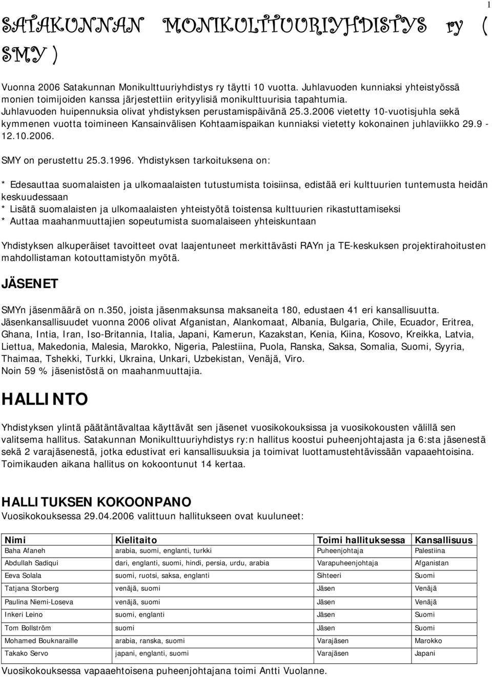 2006 vietetty 10-vuotisjuhla sekä kymmenen vuotta toimineen Kansainvälisen Kohtaamispaikan kunniaksi vietetty kokonainen juhlaviikko 29.9-12.10.2006. SMY on perustettu 25.3.1996.