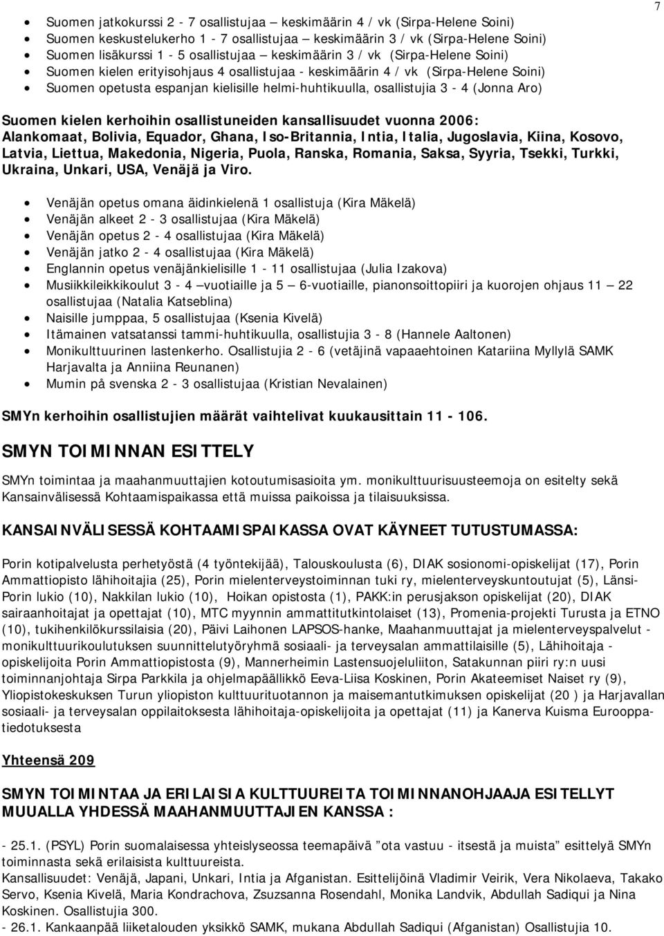 (Jonna Aro) 7 Suomen kielen kerhoihin osallistuneiden kansallisuudet vuonna 2006: Alankomaat, Bolivia, Equador, Ghana, Iso-Britannia, Intia, Italia, Jugoslavia, Kiina, Kosovo, Latvia, Liettua,