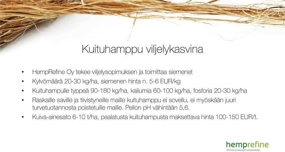 5-6 EUR/kg Kuituhampulle typpeä 90-180 kg/ha, kaliumia 60-100 kg/ha, fosforia 20-30 kg/ha Raskaille saville ja