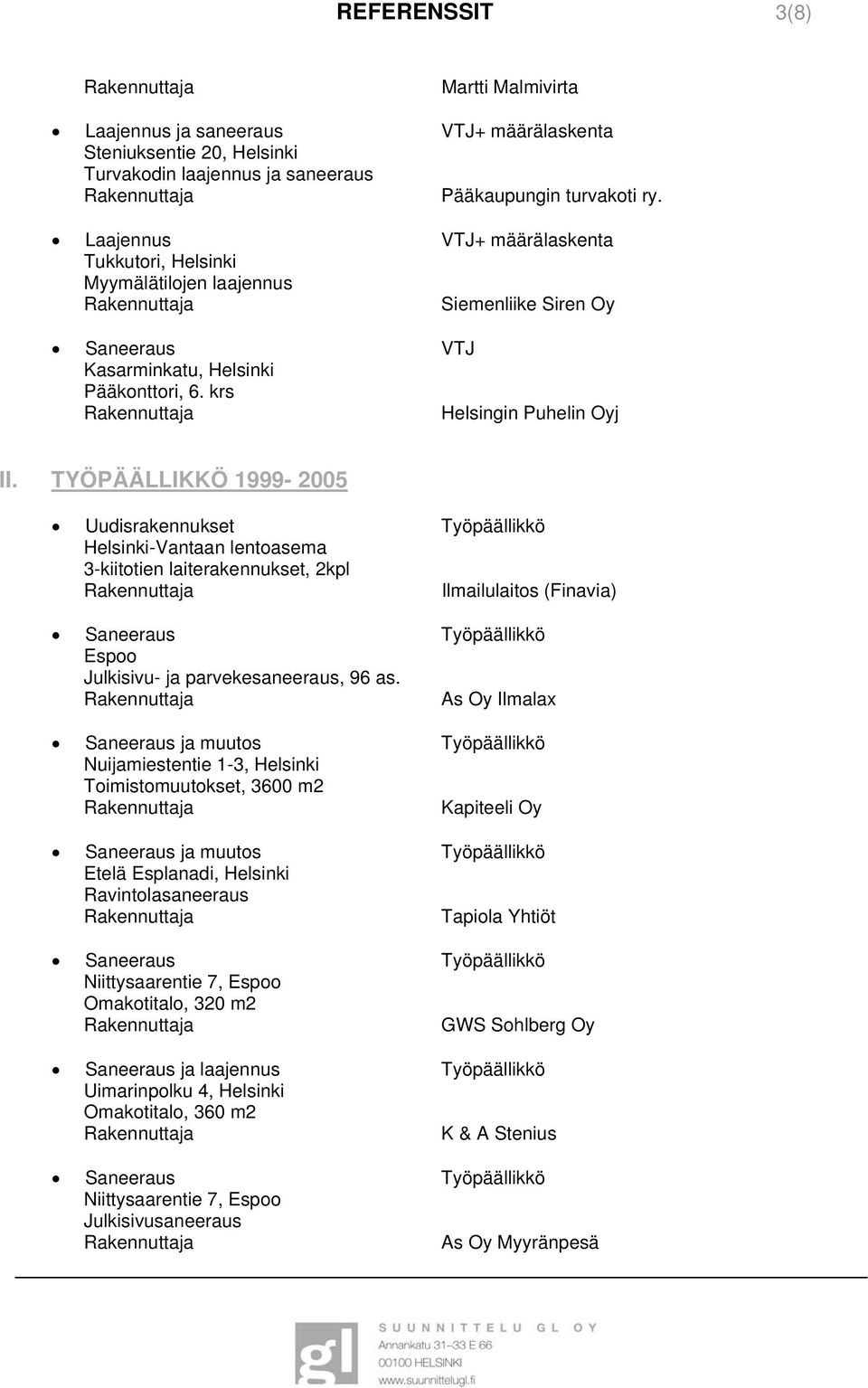 TYÖPÄÄLLIKKÖ 1999-2005 Helsinki-Vantaan lentoasema 3-kiitotien laiterakennukset, 2kpl Ilmailulaitos (Finavia) Espoo Julkisivu- ja parvekesaneeraus, 96 as.