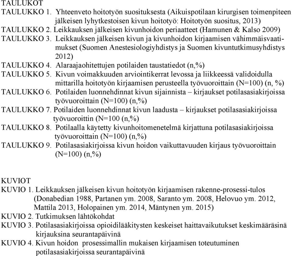 Leikkauksen jälkeisen kivun ja kivunhoidon kirjaamisen vähimmäisvaatimukset (Suomen Anestesiologiyhdistys ja Suomen kivuntutkimusyhdistys 2012) TAULUKKO 4.