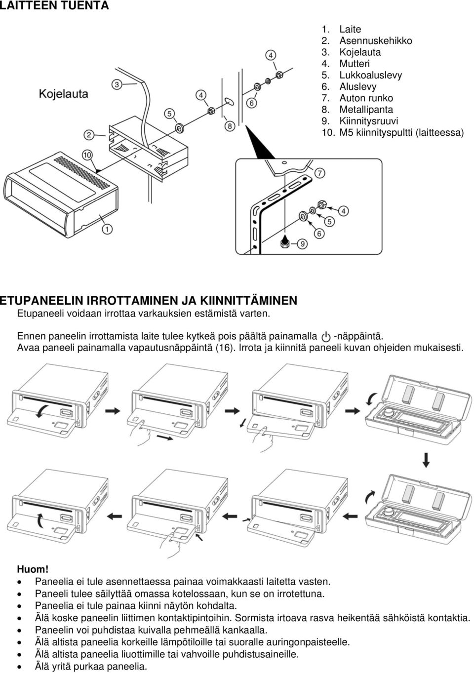 Ennen paneelin irrottamista laite tulee kytkeä pois päältä painamalla -näppäintä. Avaa paneeli painamalla vapautusnäppäintä (16). Irrota ja kiinnitä paneeli kuvan ohjeiden mukaisesti. Huom!