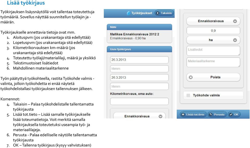 Toteutettu työlaji/materialilaji, määrä ja yksikkö 5. Tekstimuotoiset lisätiedot 6.