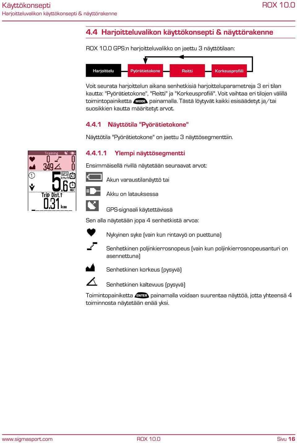 harjoitteluparametreja 3 eri tilan kautta: "Pyörätietokone", "Reitti" ja "Korkeusprofiili". Voit vaihtaa eri tilojen välillä toimintopainiketta MODE painamalla.