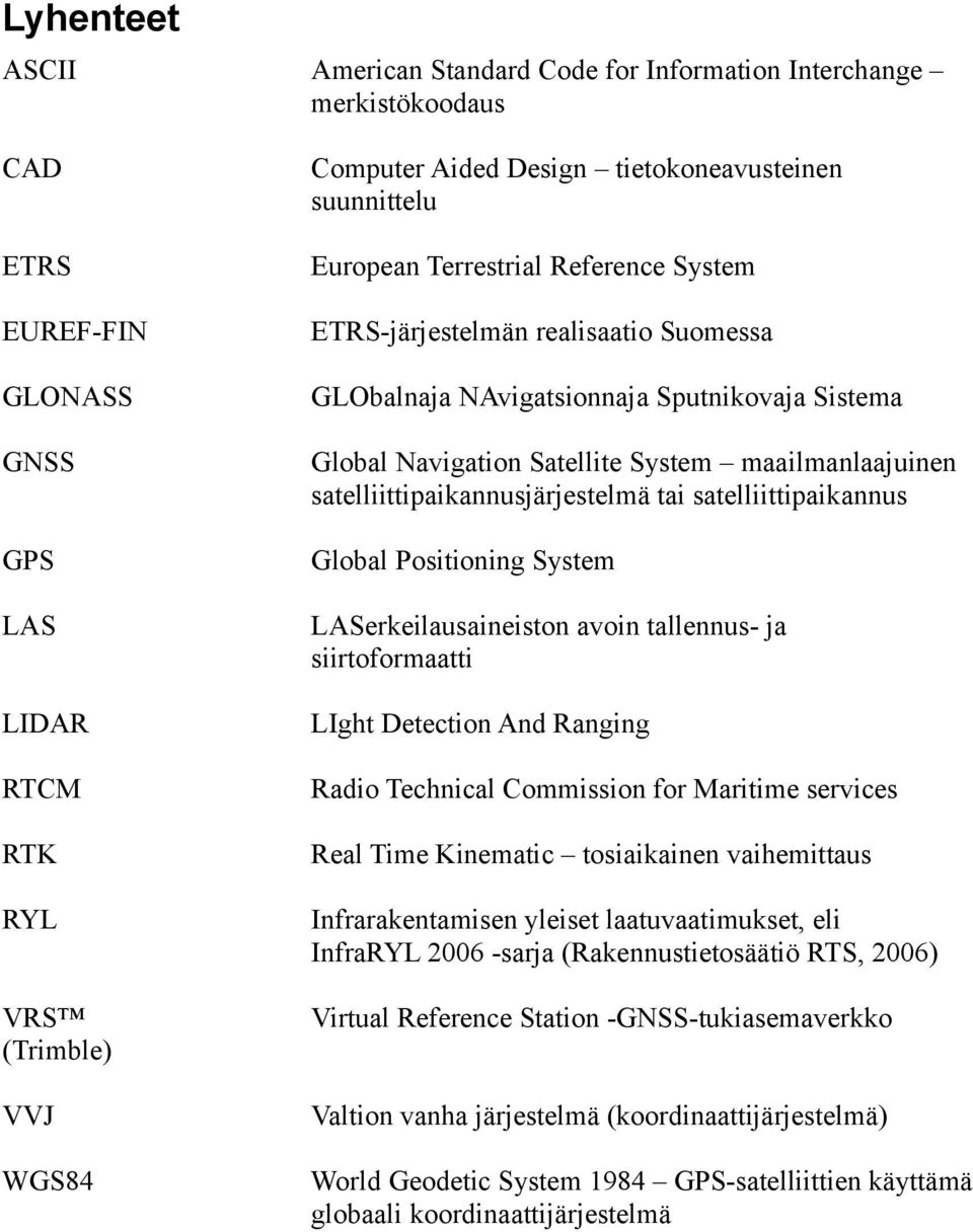 satelliittipaikannus GPS Global Positioning System LAS LASerkeilausaineiston avoin tallennus- ja siirtoformaatti LIDAR LIght Detection And Ranging RTCM Radio Technical Commission for Maritime