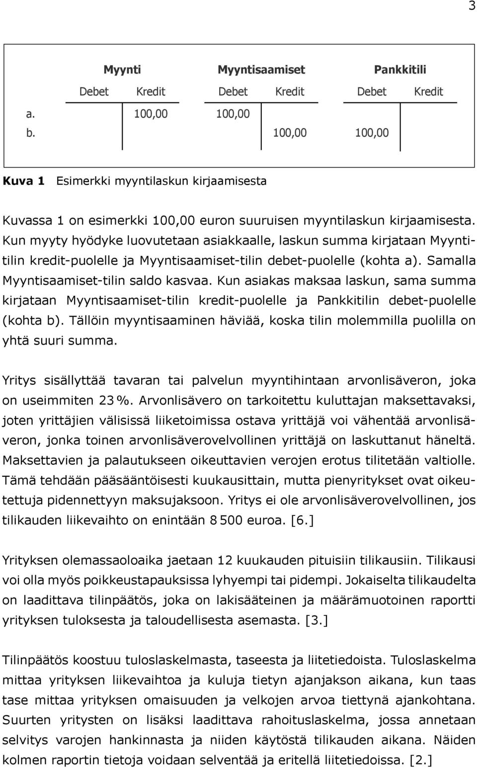 Kun myyty hyödyke luovutetaan asiakkaalle, laskun summa kirjataan Myyntitilin kredit-puolelle ja Myyntisaamiset-tilin debet-puolelle (kohta a). Samalla Myyntisaamiset-tilin saldo kasvaa.