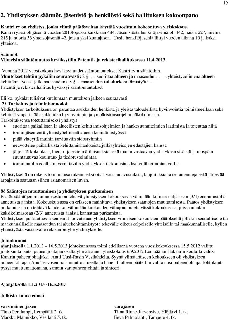 Uusia henkilöjäseniä liittyi vuoden aikana 0 ja kaksi yhteisöä. Säännöt Viimeisin sääntömuutos hyväksyttiin Patentti- ja rekisterihallituksessa.4.203.