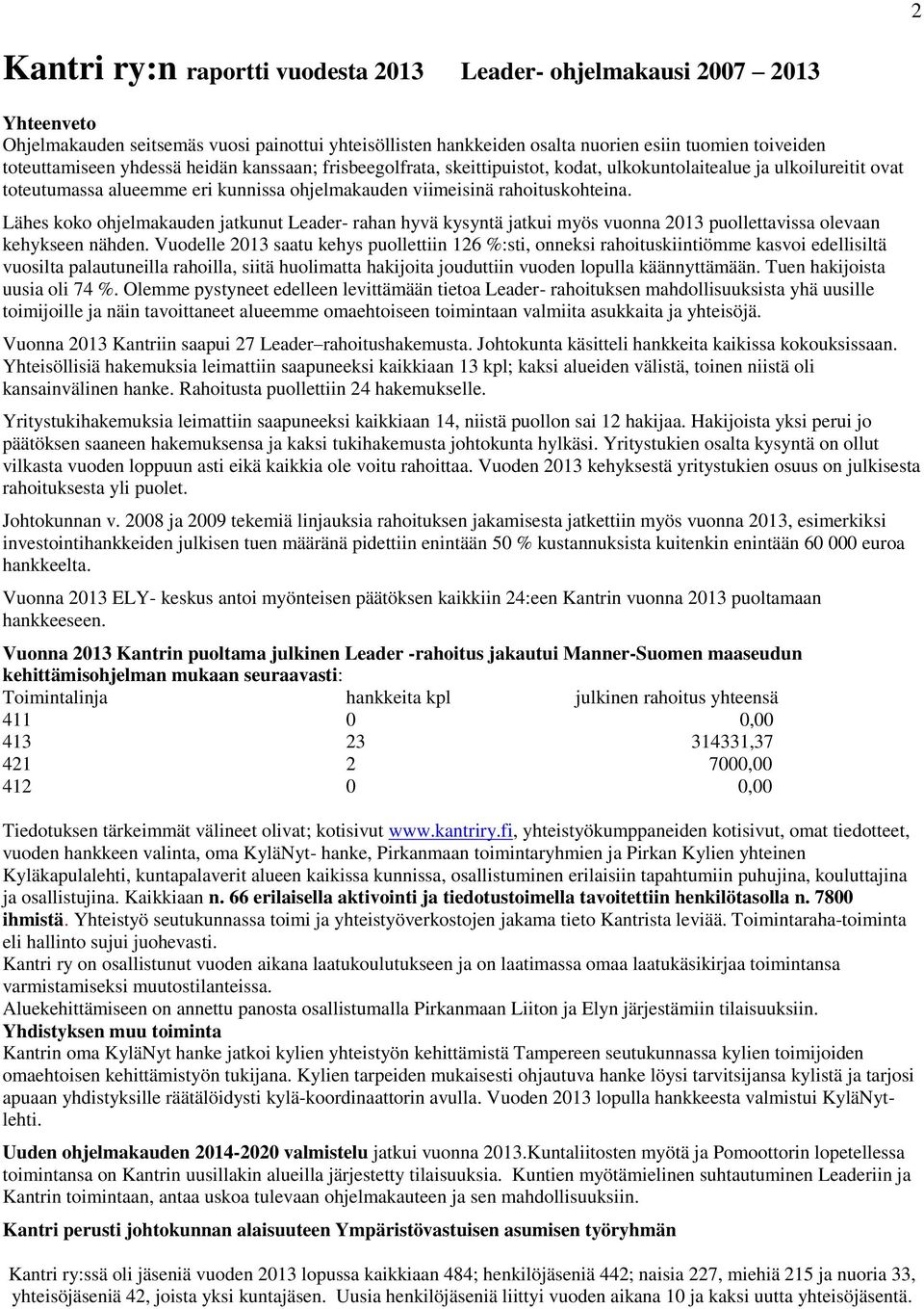 Lähes koko ohjelmakauden jatkunut Leader- rahan hyvä kysyntä jatkui myös vuonna 203 puollettavissa olevaan kehykseen nähden.