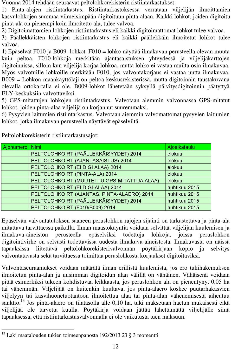 Kaikki lohkot, joiden digitoitu pinta-ala on pienempi kuin ilmoitettu ala, tulee valvoa. 2) Digitoimattomien lohkojen ristiintarkastus eli kaikki digitoimattomat lohkot tulee valvoa.