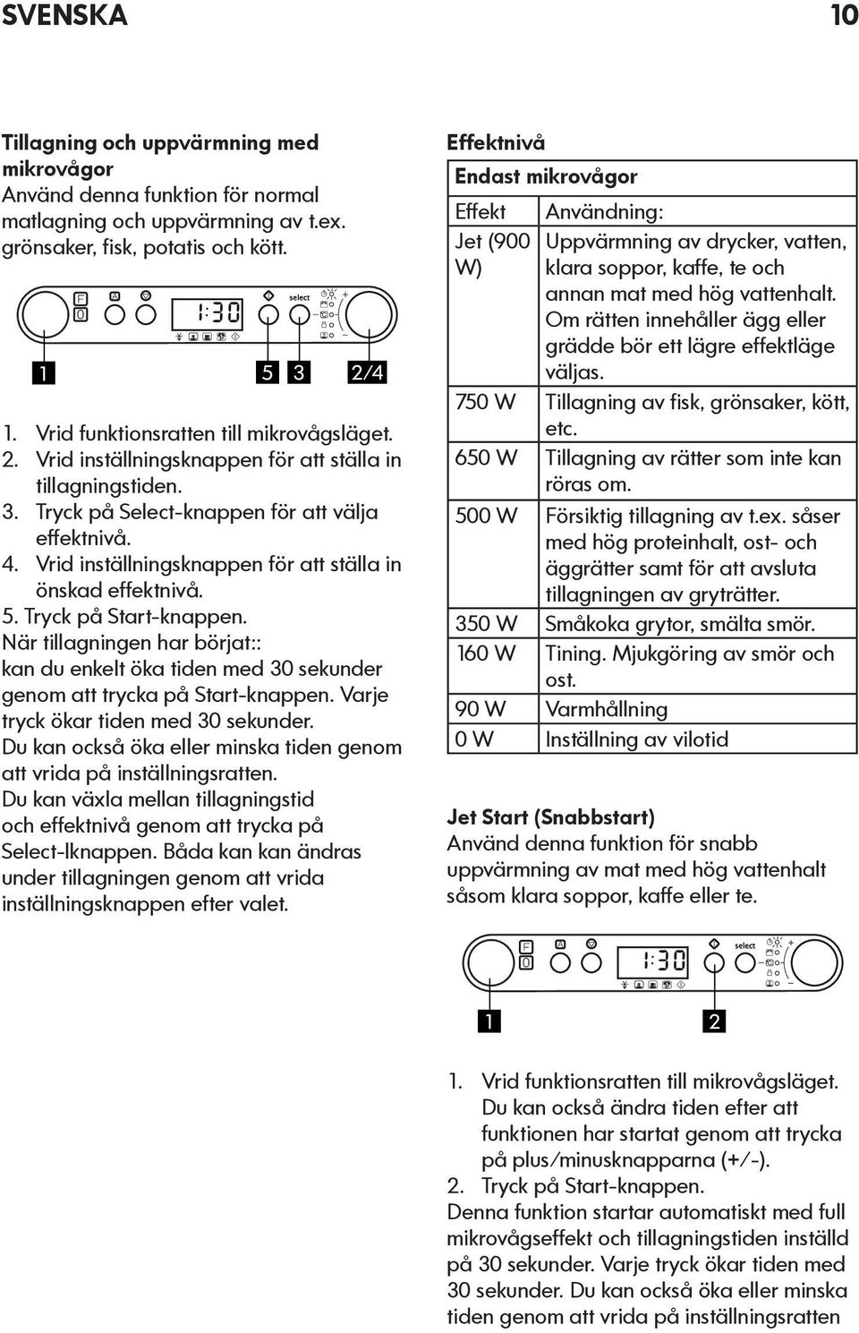 Vrid inställningsknappen för att ställa in önskad effektnivå. 5. Tryck på Start-knappen. När tillagningen har börjat:: kan du enkelt öka tiden med 30 sekunder genom att trycka på Start-knappen.