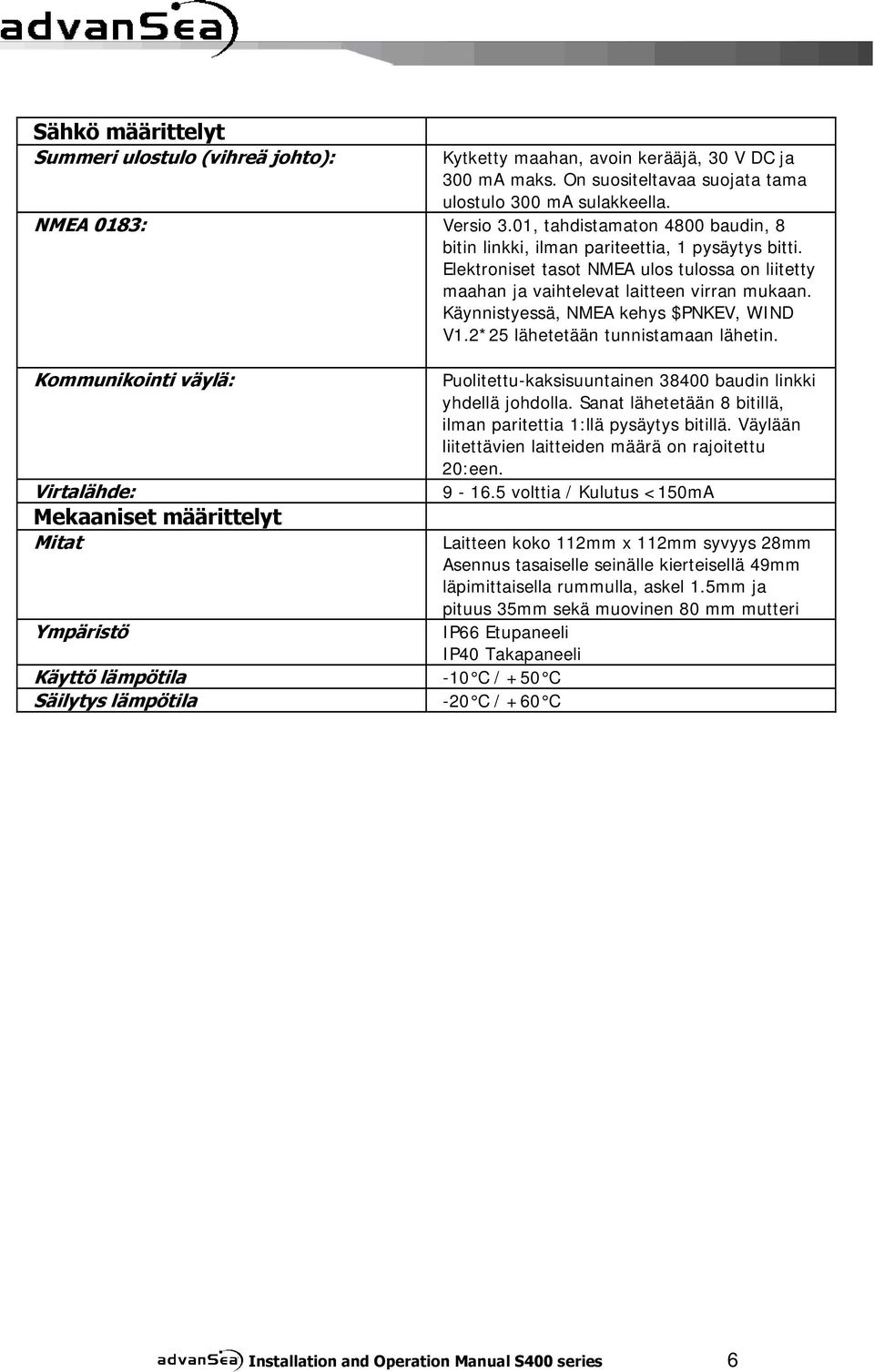 Käynnistyessä, NMEA kehys $PNKEV, WIND V1.2*25 lähetetään tunnistamaan lähetin.