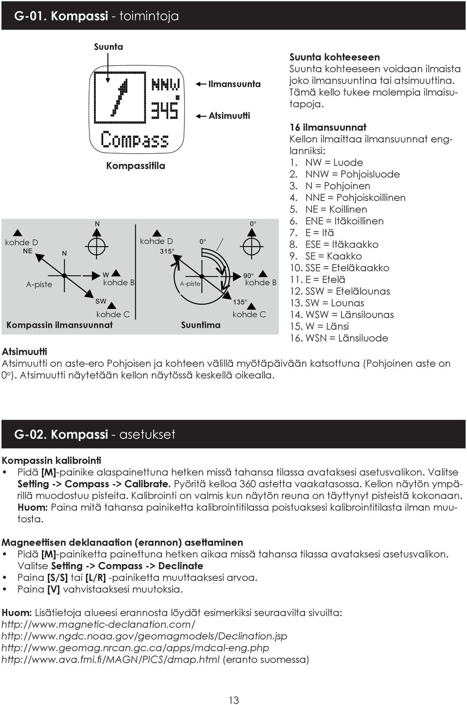 NNW = Pohjoisluode 3. N = Pohjoinen 4. NNE = Pohjoiskoillinen 5. NE = Koillinen 6. ENE = Itäkoillinen 7. E = Itä 8. ESE = Itäkaakko 9. SE = Kaakko 10. SSE = Eteläkaakko 11. E = Etelä 12.