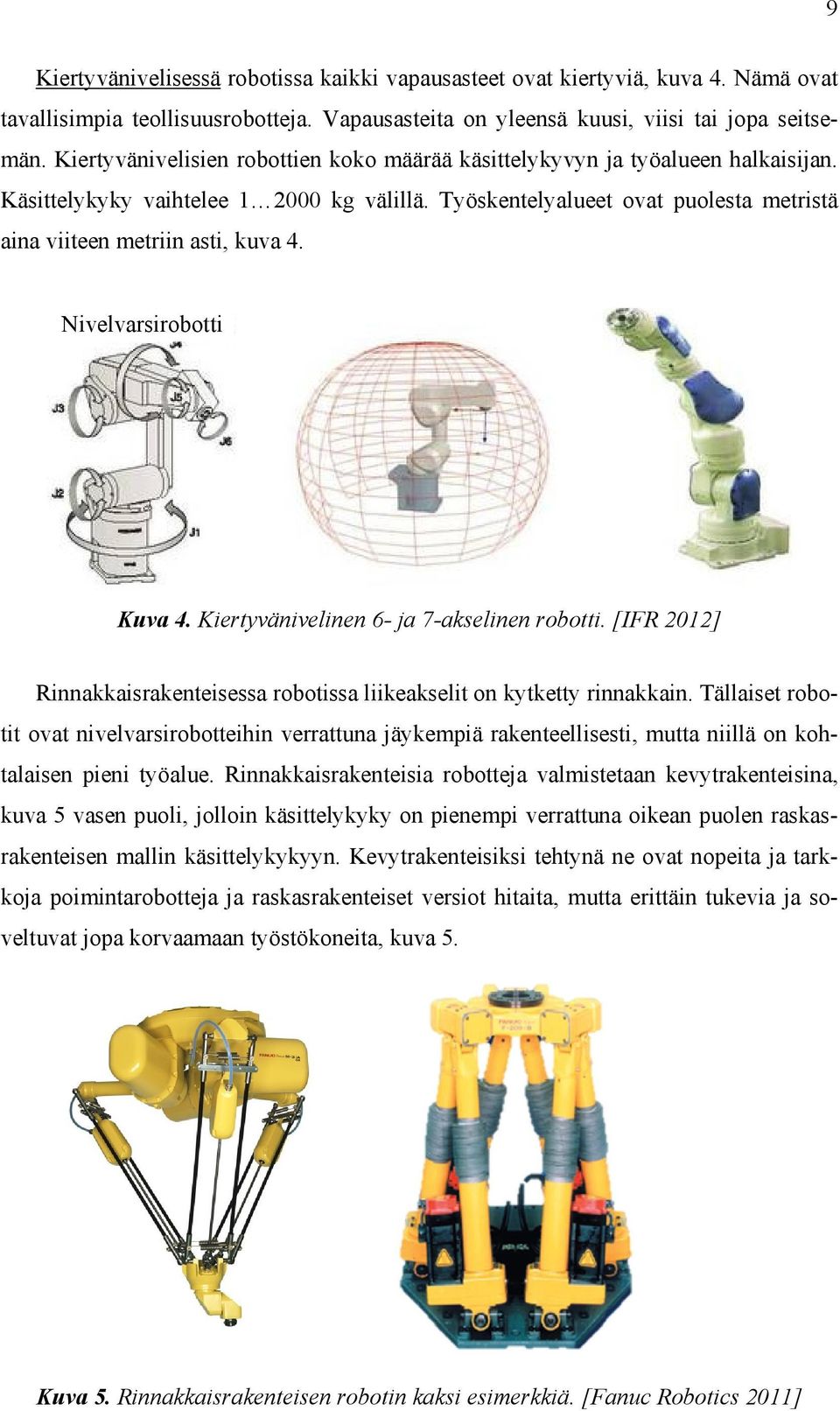 Nivelvarsirobotti Kuva 4. Kiertyvänivelinen 6- ja 7-akselinen robotti. [IFR 2012] Rinnakkaisrakenteisessa robotissa liikeakselit on kytketty rinnakkain.