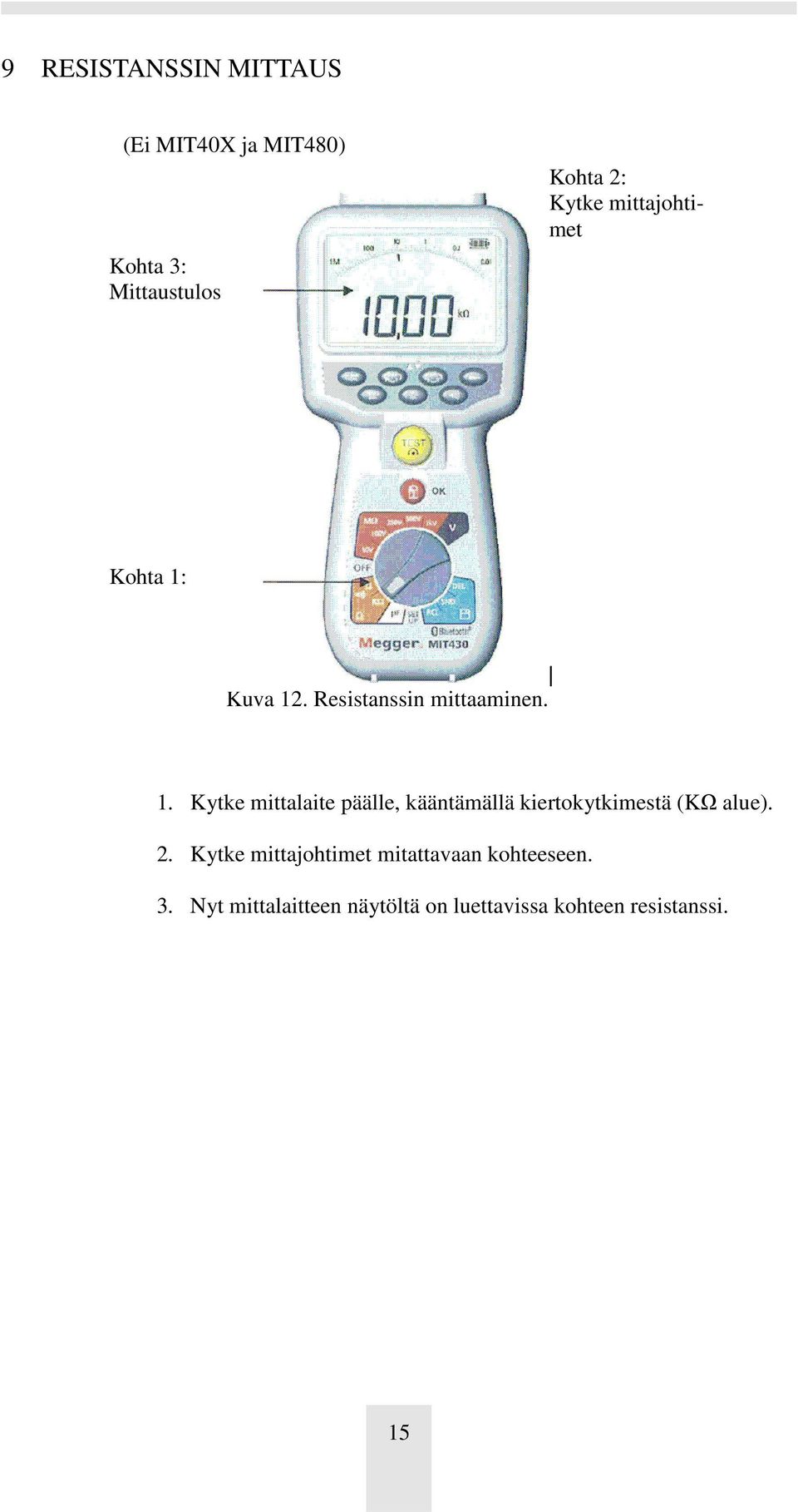 Kuva 12. Resistanssin mittaaminen. 1. Kytke mittalaite päälle, kääntämällä kiertokytkimestä (KΩ alue).