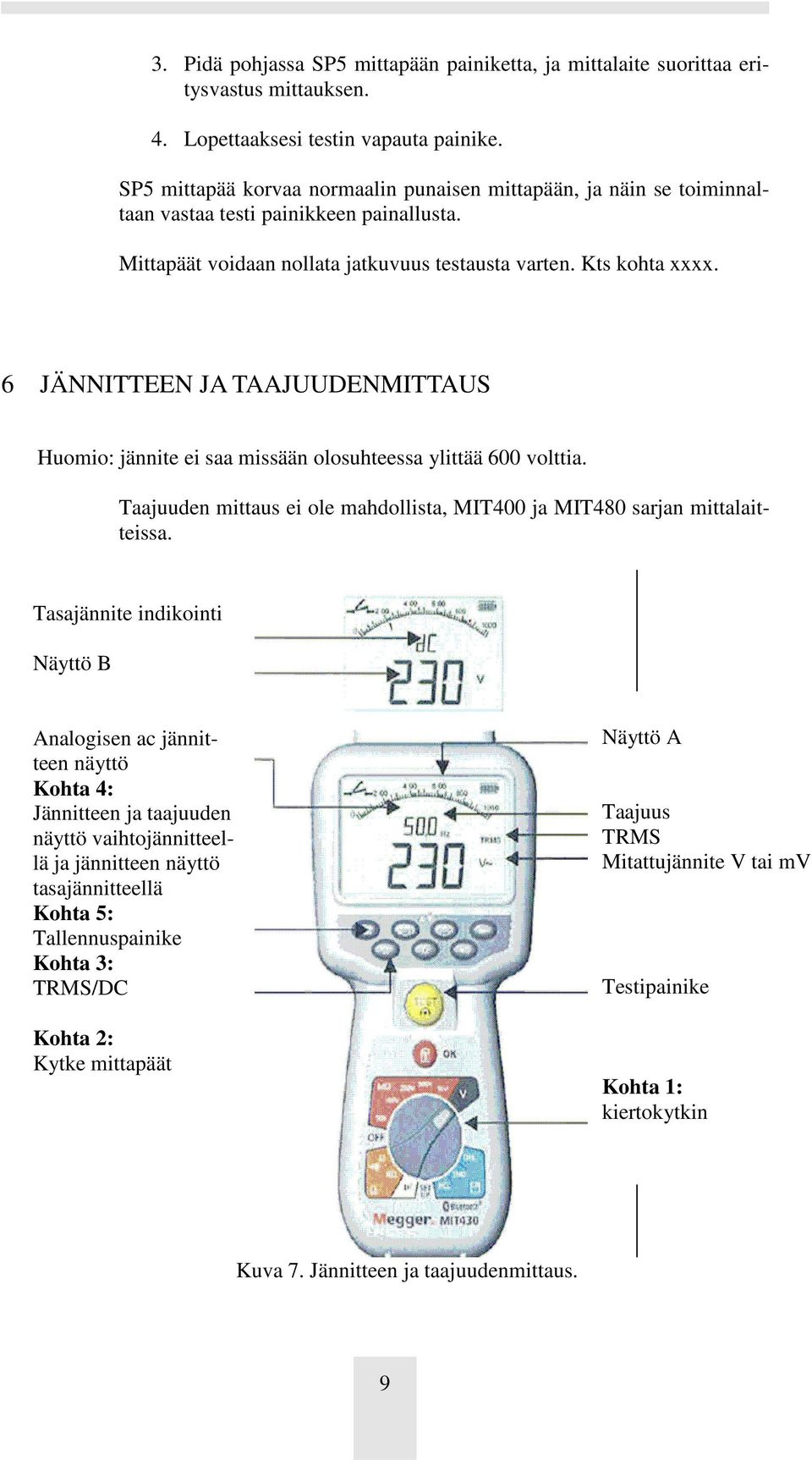 6 JÄNNITTEEN JA TAAJUUDENMITTAUS Huomio: jännite ei saa missään olosuhteessa ylittää 600 volttia. Taajuuden mittaus ei ole mahdollista, MIT400 ja MIT480 sarjan mittalaitteissa.