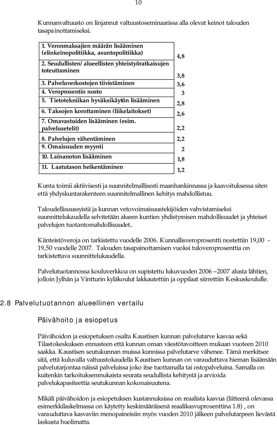 Taksojen korottaminen (liikelaitokset) 2,6 7. Omavastuiden lisääminen (esim. palvelusetelit) 2,2 8. Palvelujen vähentäminen 2,2 9. Omaisuuden myynti 2 10. Lainanoton lisääminen 1,8 11.