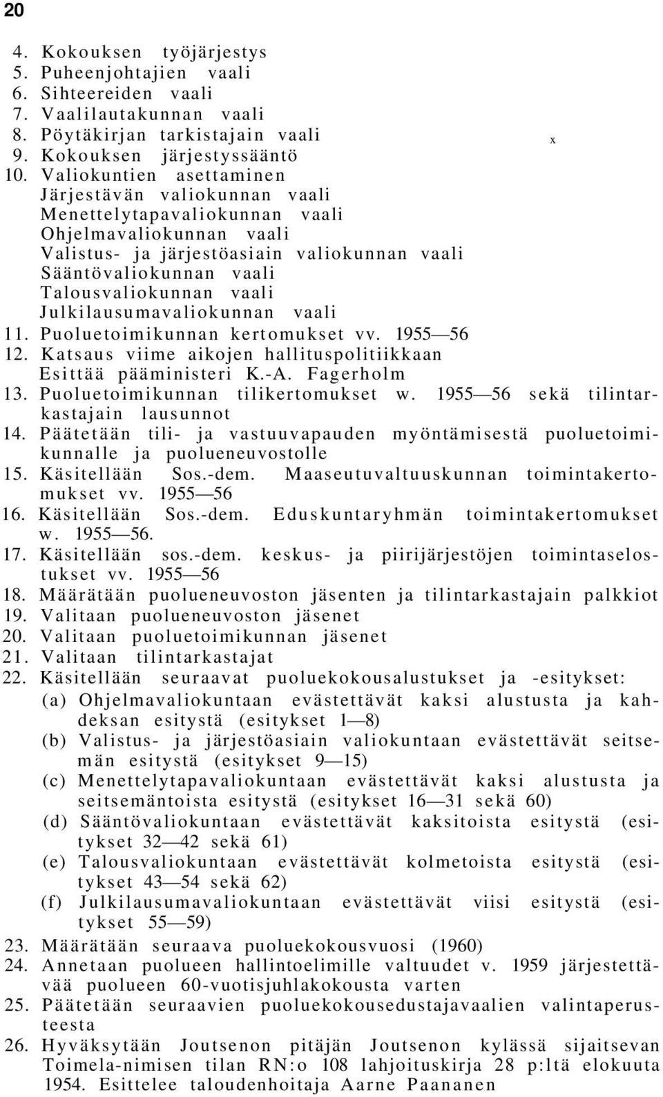vaali Julkilausumavaliokunnan vaali 11. Puoluetoimikunnan kertomukset vv. 1955 56 12. Katsaus viime aikojen hallituspolitiikkaan Esittää pääministeri K.-A. Fagerholm 13.