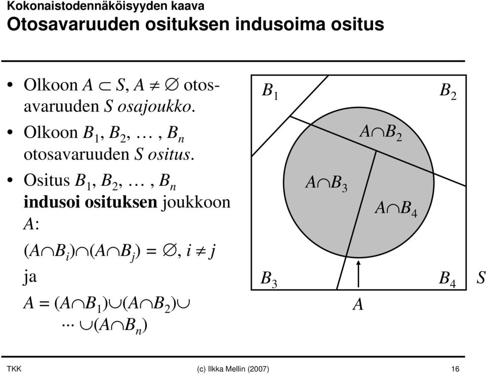 Ositus B 1, B 2,, B n indusoi osituksen joukkoon A: (A B i ) (A B j ) =, i j ja A =