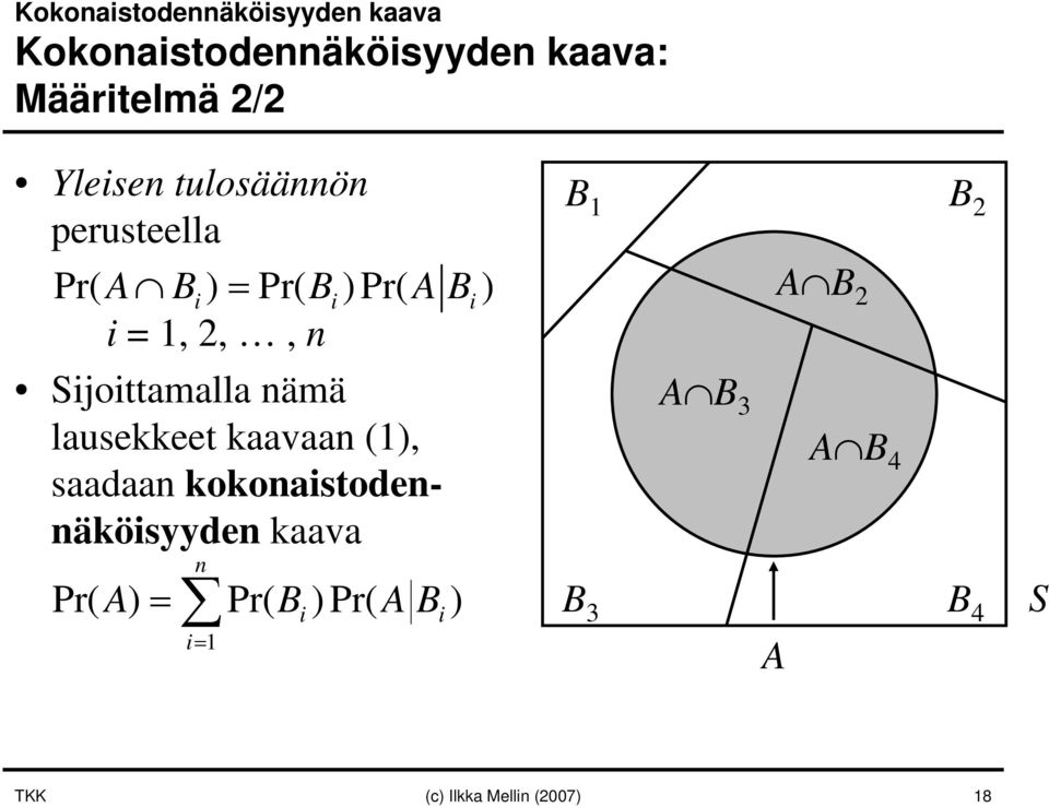 Sijoittamalla nämä lausekkeet kaavaan (1), saadaan kokonaistodennäköisyyden kaava n