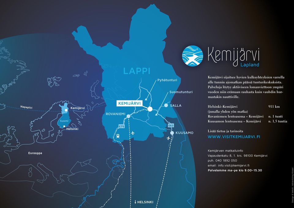 Napapiiri Suomi Kemijärvi Helsinki Kemijärvi Rovaniemi E75 Salla E63 Kuusamo Helsinki Kemijärvi (junalla yhden yön matka) Rovaniemen lentoasema Kemijärvi Kuusamon lentoasema