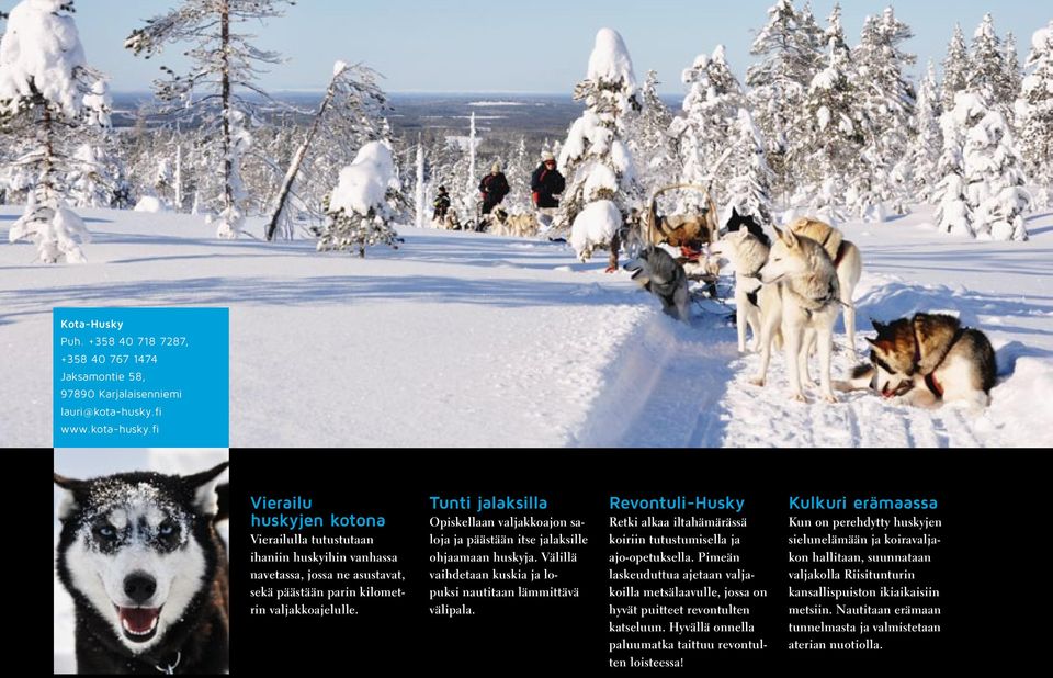 Tunti jalaksilla Opiskellaan valjakkoajon saloja ja päästään itse jalaksille ohjaamaan huskyja. Välillä vaihdetaan kuskia ja lopuksi nautitaan lämmittävä välipala.