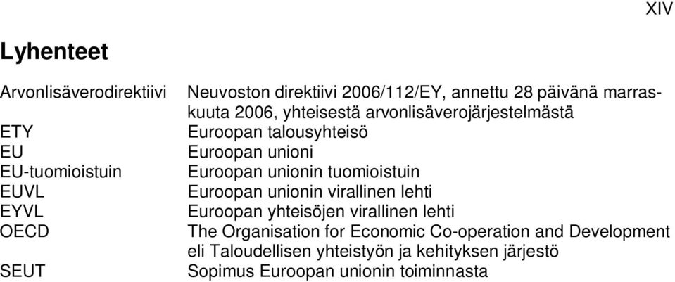 EUVL Euroopan unionin virallinen lehti EYVL Euroopan yhteisöjen virallinen lehti OECD The Organisation for Economic