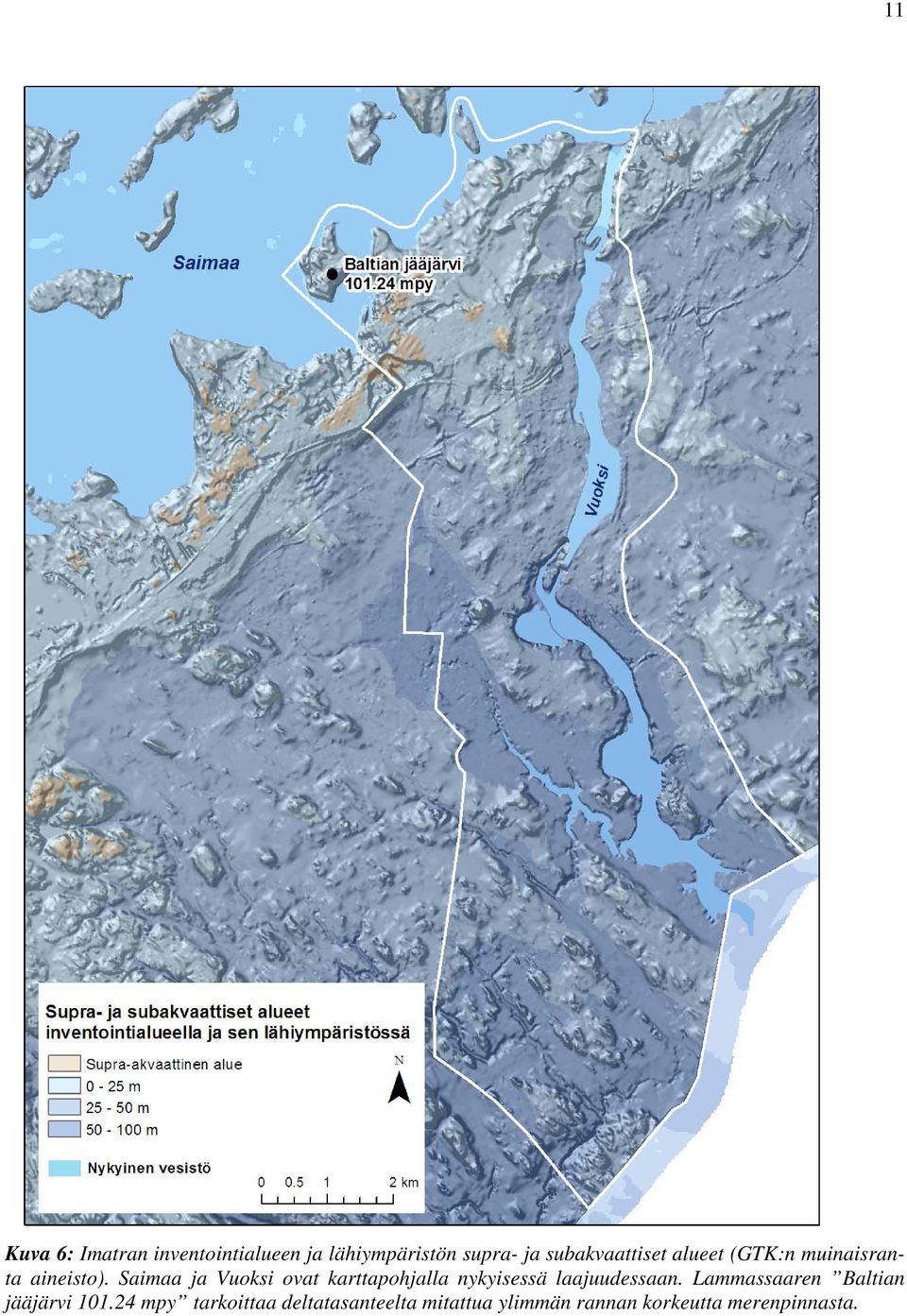 Saimaa ja Vuoksi ovat karttapohjalla nykyisessä laajuudessaan.