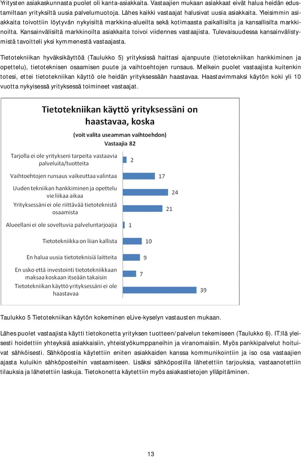 Kansainvälisiltä markkinoilta asiakkaita toivoi viidennes vastaajista. Tulevaisuudessa kansainvälistymistä tavoitteli yksi kymmenestä vastaajasta.