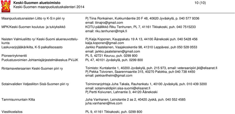 fi Naisten Valmiusliitto ry/ Keski-Suomi alueneuvottelukunta Pj Kaija Koponen, Kauppakatu 19 A 13, 44100 Äänekoski puh. 040 5428 456 kaija.koponen@gmail.