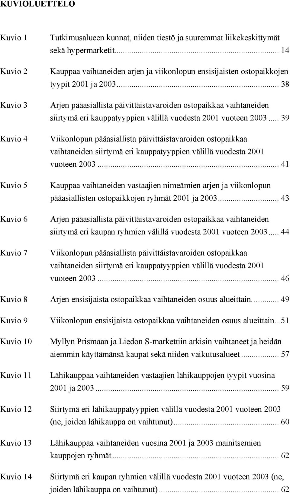 .. 38 Arjen pääasiallista päivittäistavaroiden ostopaikkaa vaihtaneiden siirtymä eri kauppatyyppien välillä vuodesta 2001 vuoteen 2003.