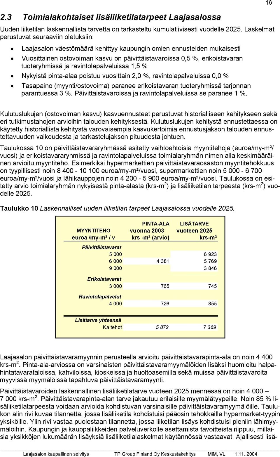 tuoteryhmissä ja ravintolapalveluissa 1,5 % Nykyistä pinta-alaa poistuu vuosittain 2,0 %, ravintolapalveluissa 0,0 % Tasapaino (myynti/ostovoima) paranee erikoistavaran tuoteryhmissä tarjonnan