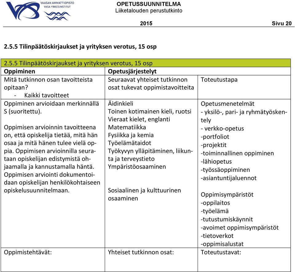 ja terveystieto Ympäristöosaaminen Sosiaalinen ja kulttuurinen osaaminen - yksilö-, pari- ja ryhmätyöskentely - verkko-opetus -portfoliot -projektit