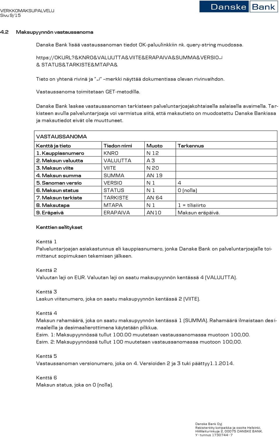 Danske Bank laskee vastaussanoman tarkisteen palveluntarjoajakohtaisella salaisella avaimella.