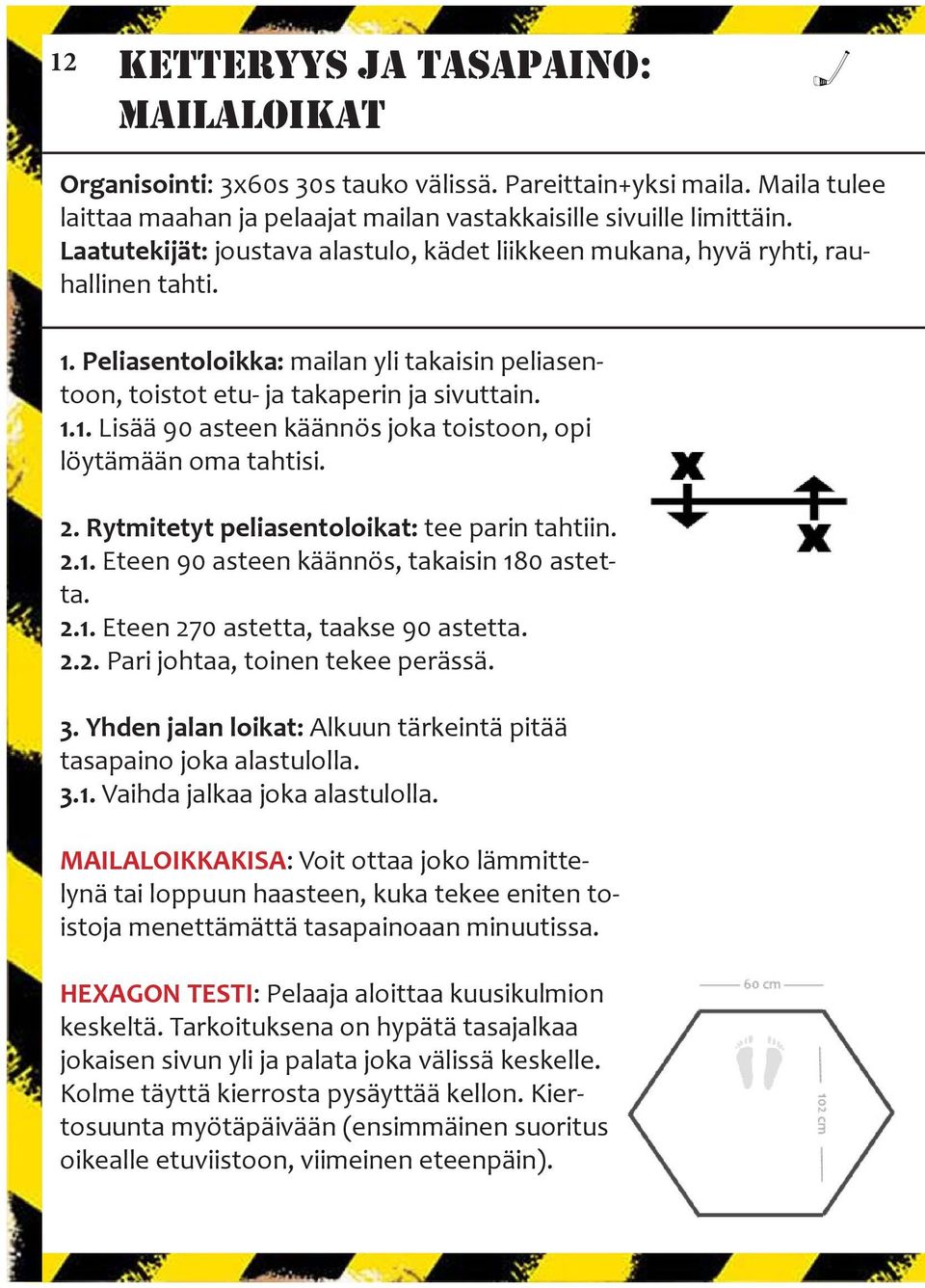 2. Rytmitetyt peliasentoloikat: tee parin tahtiin. 2.1. Eteen 90 asteen käännös, takaisin 180 astetta. 2.1. Eteen 270 astetta, taakse 90 astetta. 2.2. Pari johtaa, toinen tekee perässä. 3.