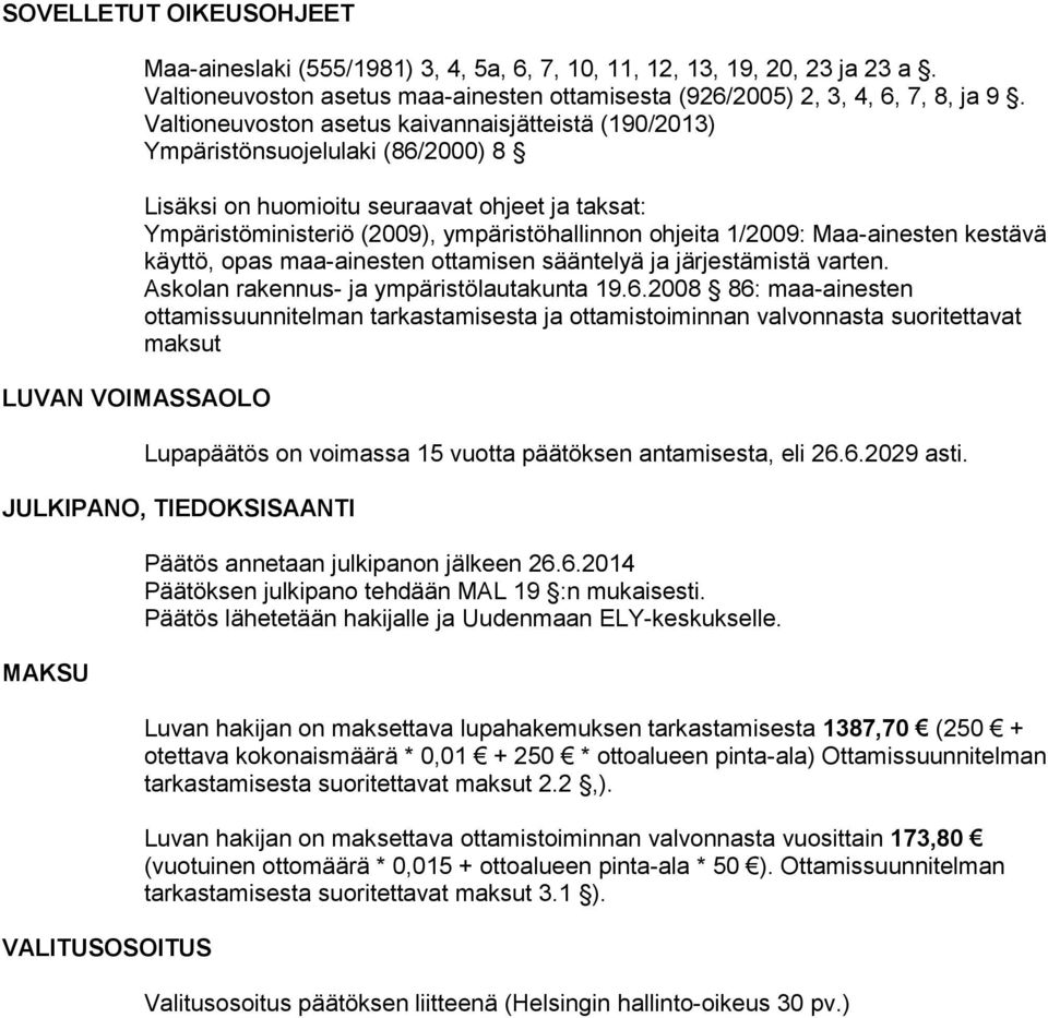 Valtioneuvoston asetus kaivannaisjätteistä (190/2013) Ympäristönsuojelulaki (86/2000) 8 Lisäksi on huomioitu seuraavat ohjeet ja taksat: Ympäristöministeriö (2009), ympäristöhallinnon ohjeita 1/2009: