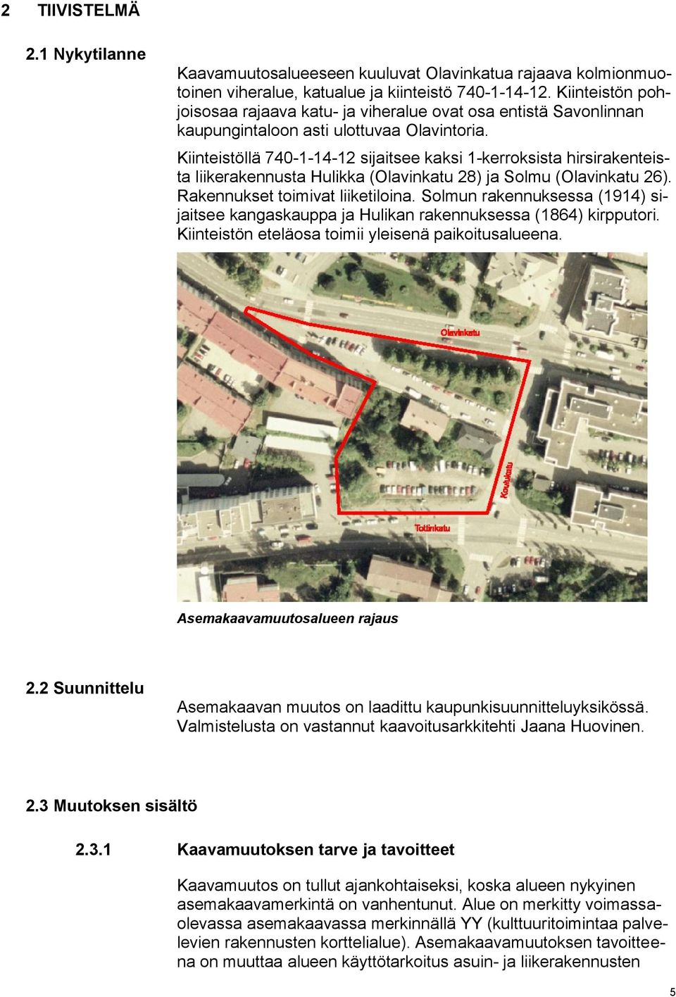 Kiinteistöllä 740-1-14-12 sijaitsee kaksi 1-kerroksista hirsirakenteista liikerakennusta Hulikka (Olavinkatu 28) ja Solmu (Olavinkatu 26). Rakennukset toimivat liiketiloina.