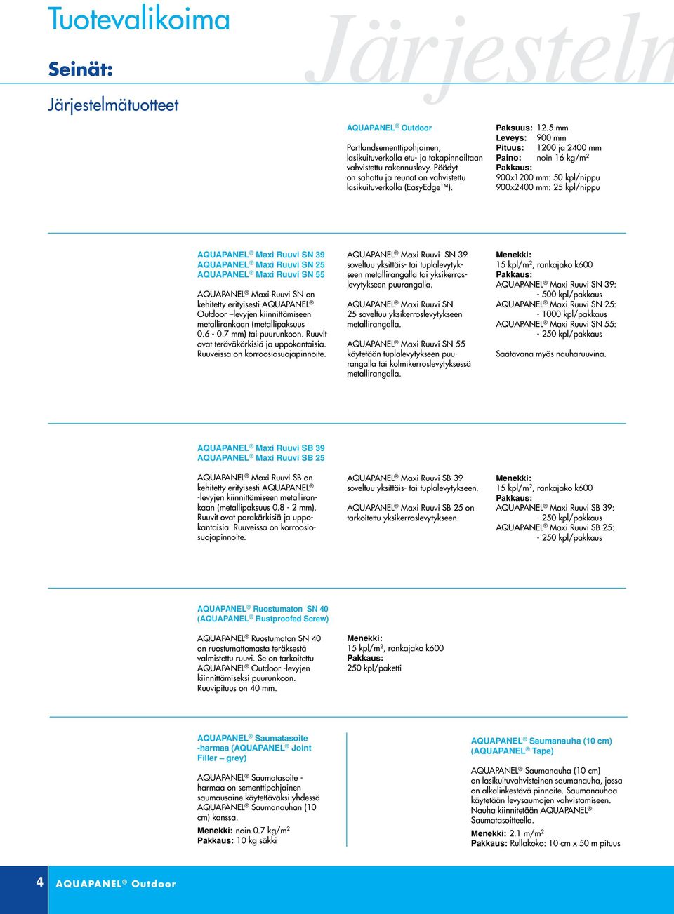5 mm Leveys: 900 mm Pituus: 1200 ja 2400 mm Paino: noin 16 kg/m 2 900x1200 mm: 50 kpl/nippu 900x2400 mm: 25 kpl/nippu AQUAPANEL Maxi Ruuvi SN 39 AQUAPANEL Maxi Ruuvi SN 25 AQUAPANEL Maxi Ruuvi SN 55