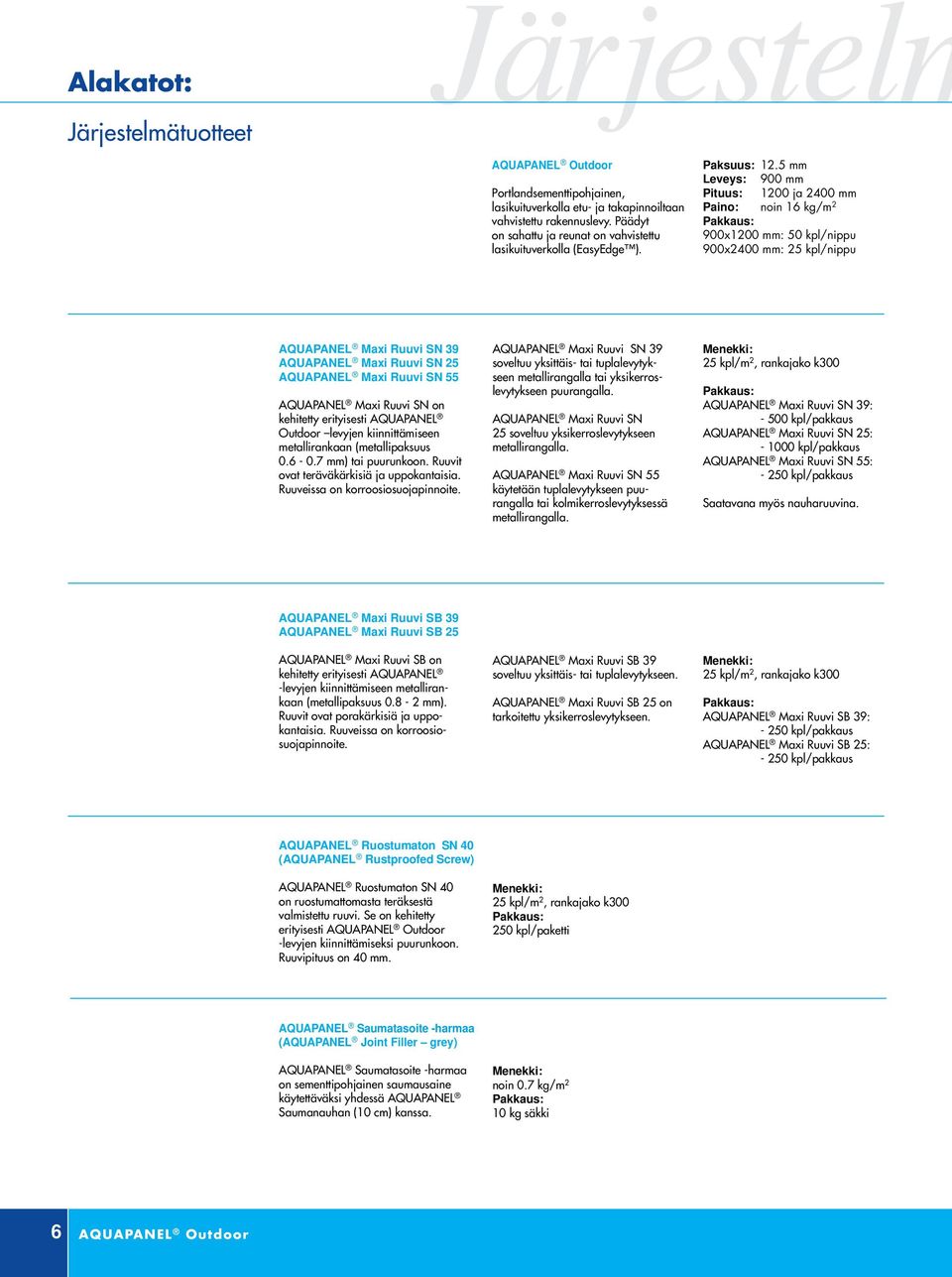 5 mm Leveys: 900 mm Pituus: 1200 ja 2400 mm Paino: noin 16 kg/m 2 900x1200 mm: 50 kpl/nippu 900x2400 mm: 25 kpl/nippu AQUAPANEL Maxi Ruuvi SN 39 AQUAPANEL Maxi Ruuvi SN 25 AQUAPANEL Maxi Ruuvi SN 55