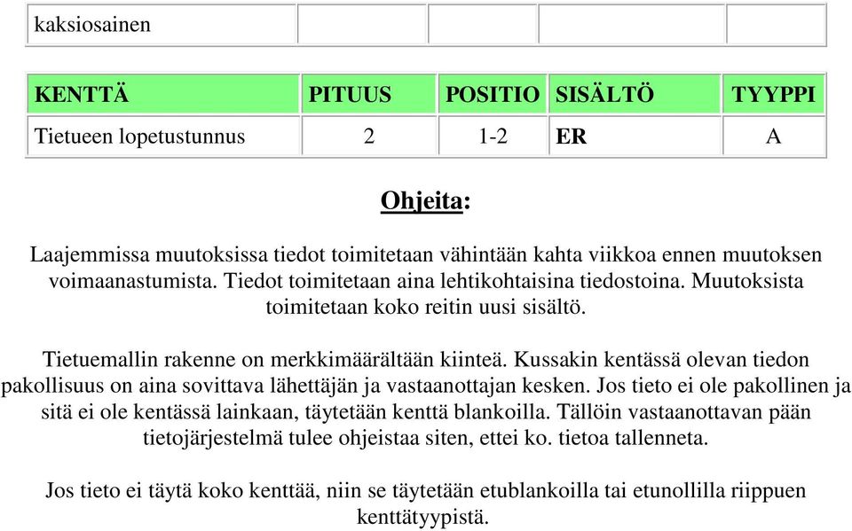 Tietuemallin rakenne on merkkimäärältään kiinteä. Kussakin olevan tiedon pakollisuus on aina sovittava lähettäjän ja vastaanottajan kesken.