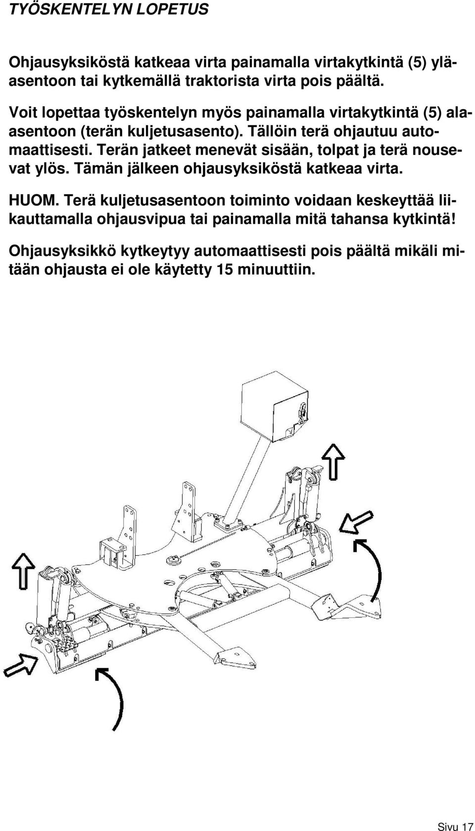 Terän jatkeet menevät sisään, tolpat ja terä nousevat ylös. Tämän jälkeen ohjausyksiköstä katkeaa virta. HUOM.