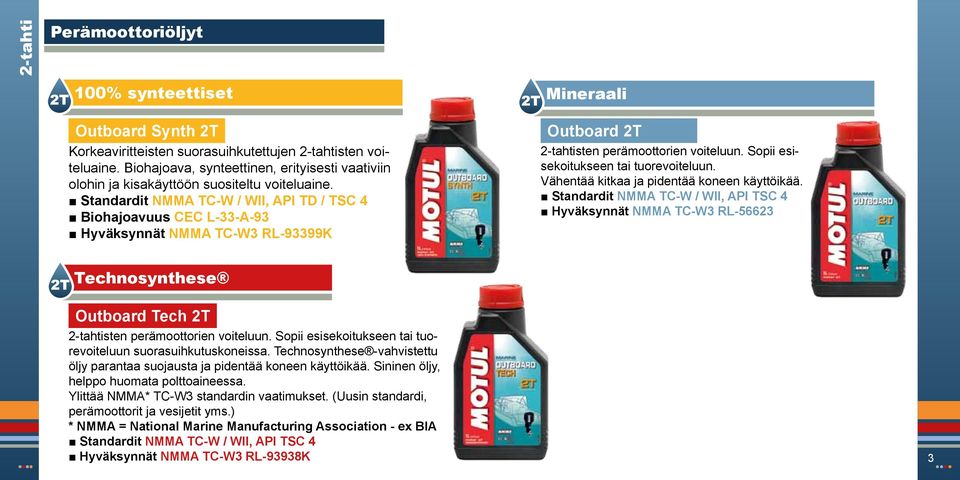 Standardit NMMA TC-W / WII, API TD / TSC 4 Biohajoavuus CEC L-33-A-93 Hyväksynnät NMMA TC-W3 RL-93399K Outboard 2T 2-tahtisten perämoottorien voiteluun. Sopii esisekoitukseen tai tuorevoiteluun.