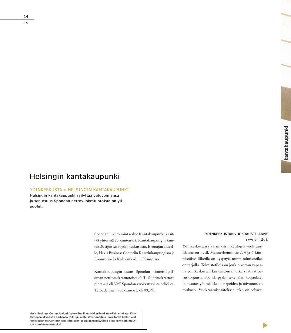 Kantakaupungin kiinteistöt sijoittuvat ydinkeskustaan, Erottajan alueelle, Havis Business Centeriin Kaartinkaupungissa ja Lönnrotin- ja Kalevankadulle Kampissa.
