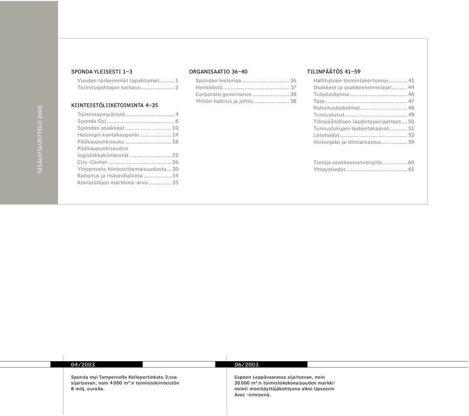 ..34 Kiinteistöjen markkina-arvo... 35 ORGANISAATIO 36 40 Spondan historiaa...36 Henkilöstö... 37 Corporate governance...38 Yhtiön hallitus ja johto...38 TILINPÄÄTÖS 41 59 Hallituksen toimintakertomus.