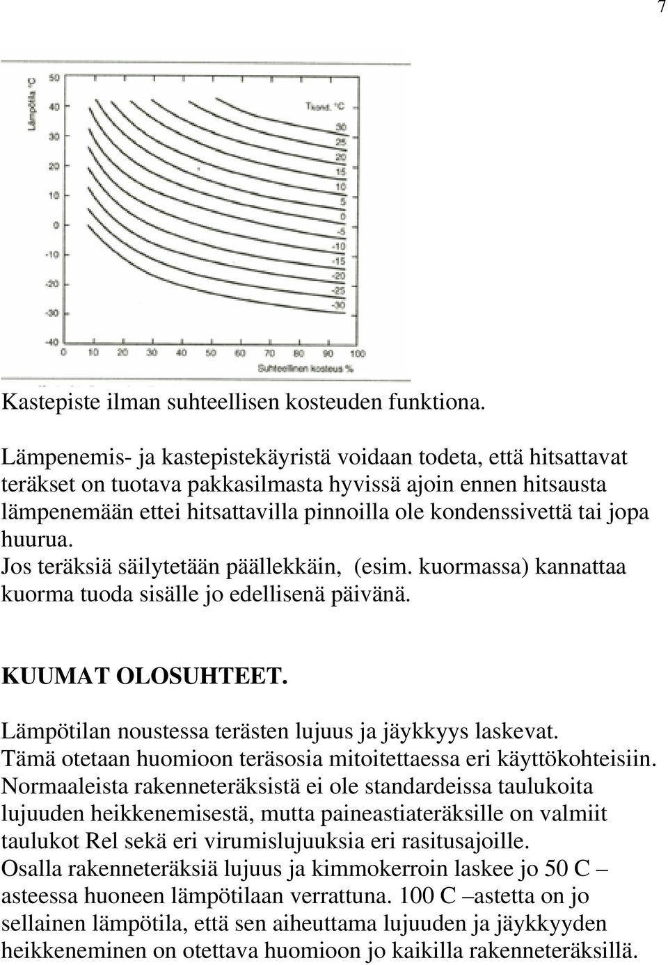 jopa huurua. Jos teräksiä säilytetään päällekkäin, (esim. kuormassa) kannattaa kuorma tuoda sisälle jo edellisenä päivänä. KUUMAT OLOSUHTEET. Lämpötilan noustessa terästen lujuus ja jäykkyys laskevat.