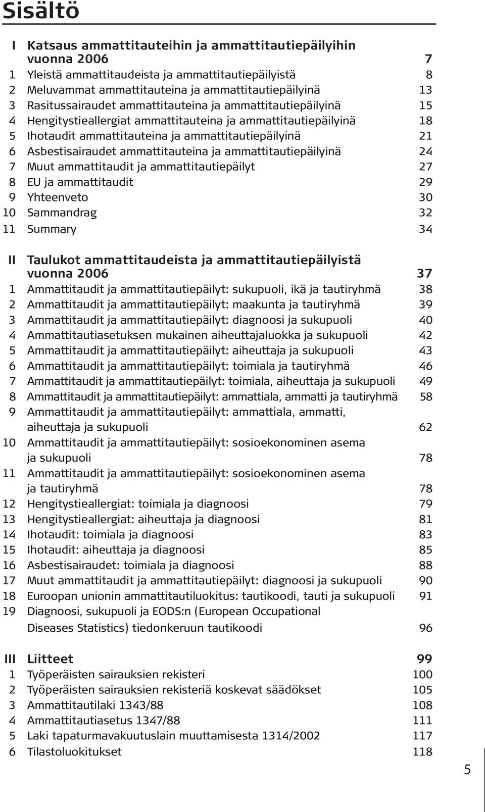 Asbestisairaudet ammattitauteina ja ammattitautiepäilyinä 24 7 Muut ammattitaudit ja ammattitautiepäilyt 27 8 EU ja ammattitaudit 29 9 Yhteenveto 30 10 Sammandrag 32 11 Summary 34 II Taulukot