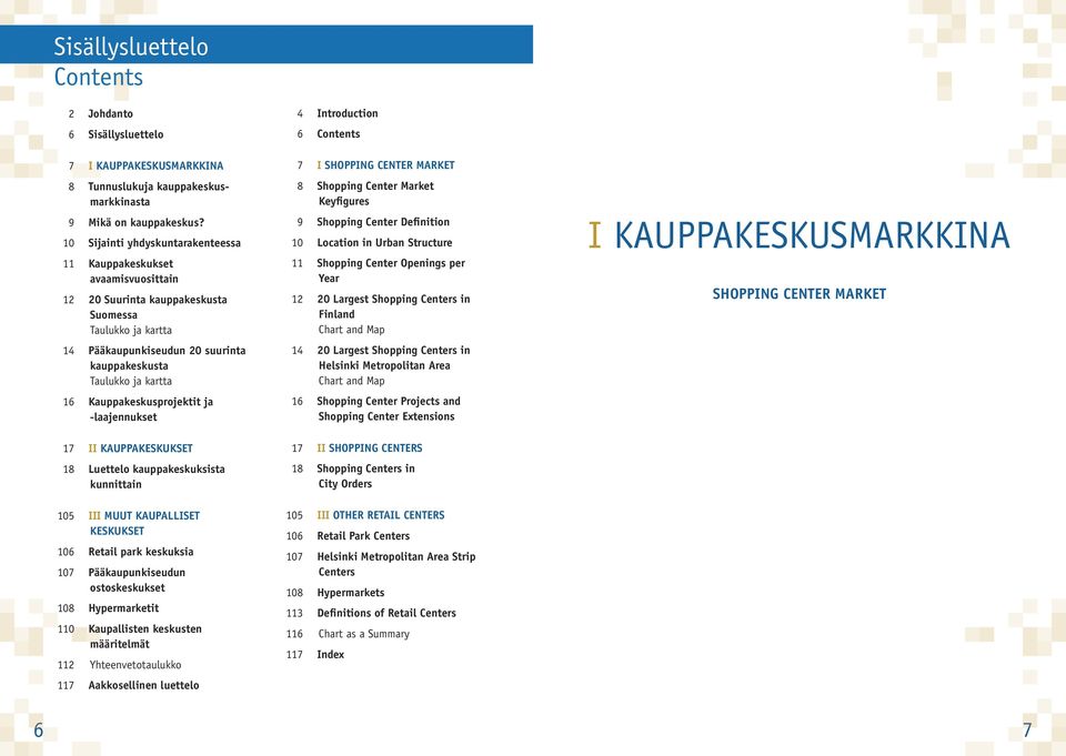 Kauppakeskusprojektit ja -laajennukset 17 II Kauppakeskukset 18 Luettelo kauppakeskuksista kunnittain 105 III Muut kaupalliset keskukset 106 Retail park keskuksia 107 Pääkaupunkiseudun ostoskeskukset